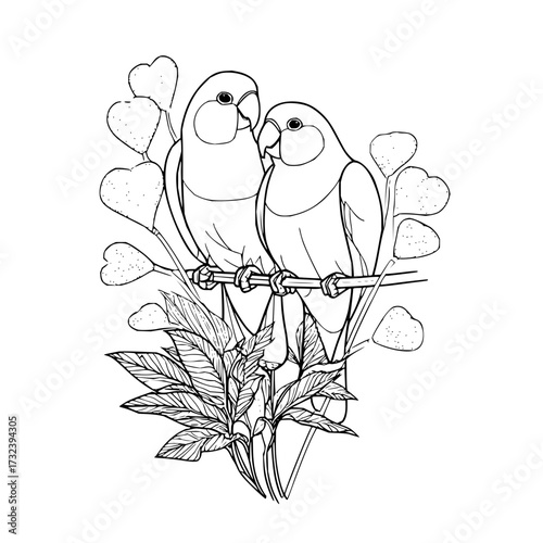 Two lovebirds perched on a branch surrounded by heart shaped leaves and foliage in a black and white drawing