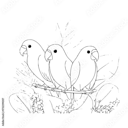 Three lovebirds perched on a branch among foliage in a black and white line drawing illustration