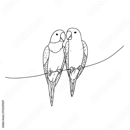 Two lovebirds perched closely together on a thin branch in a simple black and white line drawing style