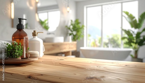 Wooden table in foreground with bathroom vanity, bathtub, and plants in background