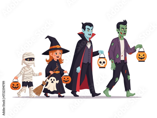 Halloween Costume Parade: A lively parade of Halloween characters, including a mummy, witch, vampire, and zombie.