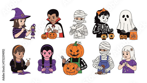 Halloween Characters' Delight: A playful collection of iconic Halloween characters, each rendered in charming illustration style, embodying the spirit of spooky fun.