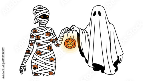Halloween Friendship: A whimsical image featuring a mummy and ghost sharing a moment, holding a glowing jack-o'-lantern. Evoking the spirit of friendship amidst the Halloween festivities.