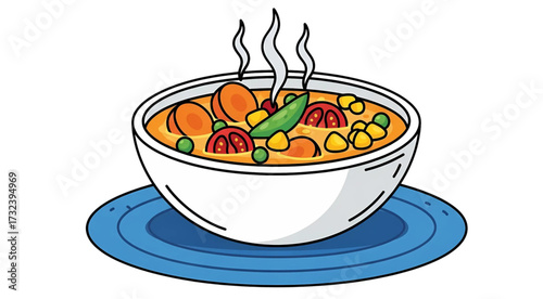 Hot Soup with Vegetables in a Bowl Cartoon Vector