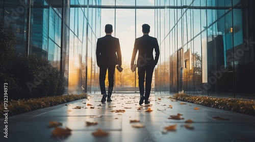 Two Businessmen in Suits Walking Away Down a Glass Corridor Towards a Bright Autumn Sun

