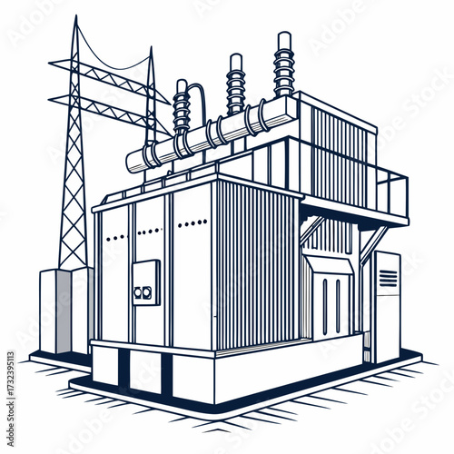 Detailed line art illustration of a large electrical power transformer and transmission tower on a white background