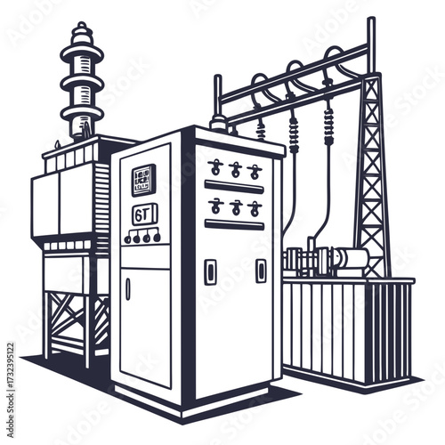 Detailed illustration of an electrical substation with a large transformer and control panel for power distribution