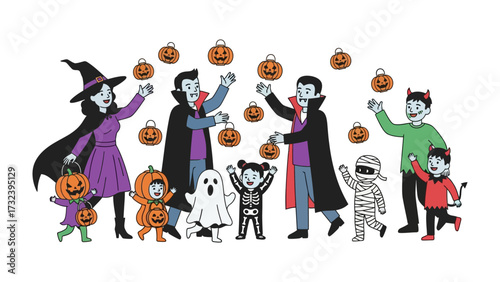 Halloween Costume Parade: A vibrant illustration features a cheerful Halloween gathering with various costumes, including a vampire, witch, mummy, devil and ghost, a lively visual of spooky season.