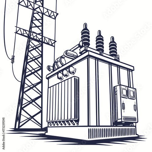 Detailed line art illustration of a large electrical power transformer next to a transmission tower and power lines