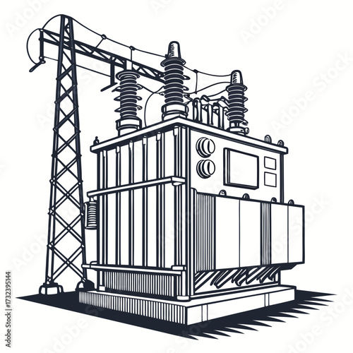 Detailed line art illustration of a large electrical power transformer with insulators and a transmission tower against a white background