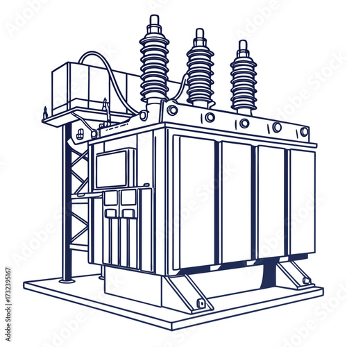 Detailed line art illustration of a large electrical power transformer with insulators and cooling fins on a white background