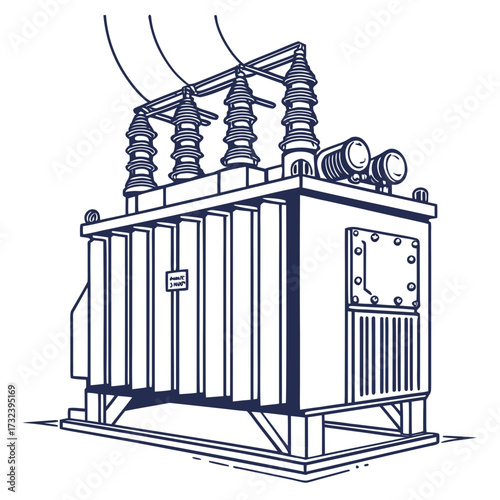 Detailed line art illustration of a large electrical power transformer with insulators and power lines