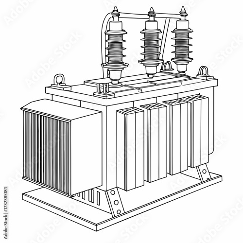 Detailed line art illustration of a large industrial electrical power transformer with insulators and cooling fins