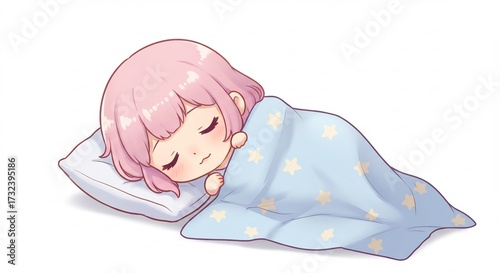 Adorable niña chibi con pelo rosa duerme tranquilamente bajo una manta azul con estrellas sintiendo una paz profunda