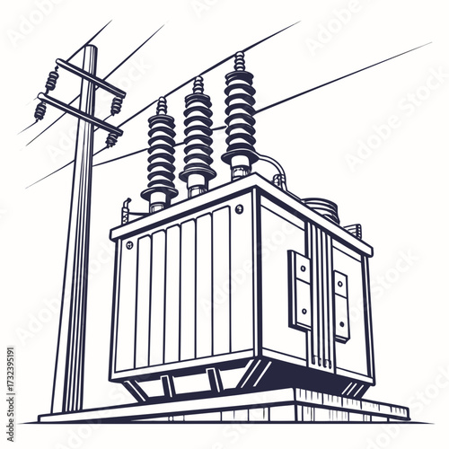 Detailed line art illustration of an electrical power transformer connected to overhead power lines on a utility pole