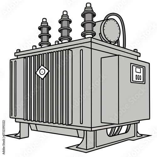 Illustration of a large gray electrical power transformer with three ceramic insulators on top and a white background