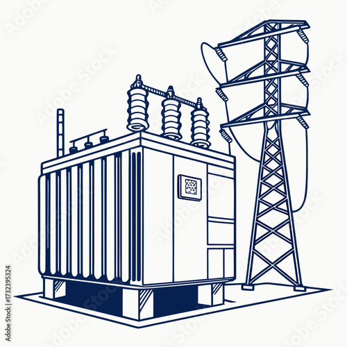 Illustration of a large electrical transformer connected to a power transmission tower with high voltage insulators and cables