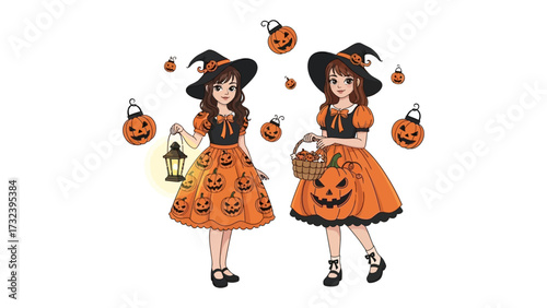 Whimsical Halloween: Two young women in witch costumes, surrounded by smiling jack-o'-lanterns, holding lantern and basket. 