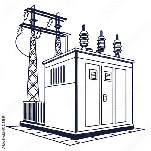 Illustration of an electrical substation with a transformer and power lines on a white background