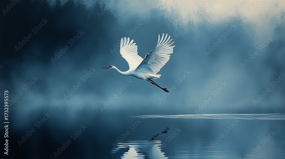 Obraz premium Elegant White Crane Taking Flight Over Misty Water in a Serene Blue Landscape