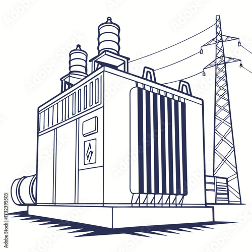 Industrial electrical substation transformer with cooling fins and overhead power lines supported by a transmission tower