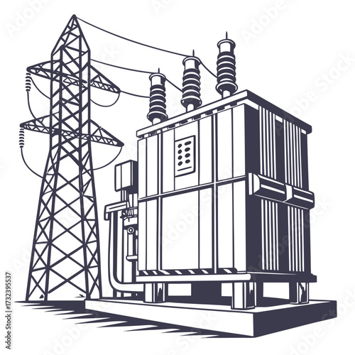 Industrial electrical transformer and power line pylon in a simplified graphic illustration style