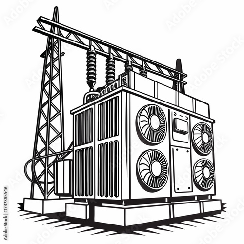 Industrial power transformer with cooling fans and electrical substation tower in a stylized line art drawing