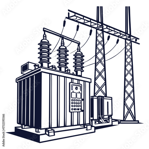 Industrial electrical transformer with insulators and power lines connected to transmission towers in a stylized line art drawing