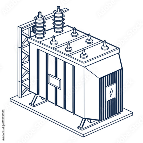 Isometric line art illustration of a large industrial electrical power transformer with insulators and a lightning bolt symbol