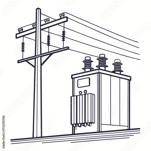 Line art illustration of a utility pole with power lines and an electrical transformer box on a white background