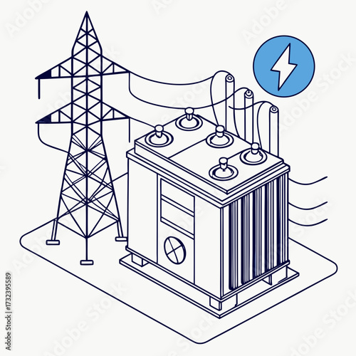Isometric illustration of an electrical substation with a power tower and transformer connected by wires and a lightning bolt icon