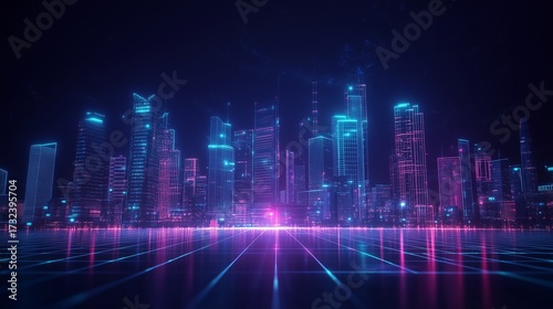 Vibrant Cyberpunk City Skyline at Night with Neon Blue and Pink Wireframe Grid

