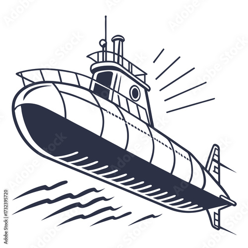 Retro style cartoon submarine sailing on the water with waves and radiating lines indicating movement or sound