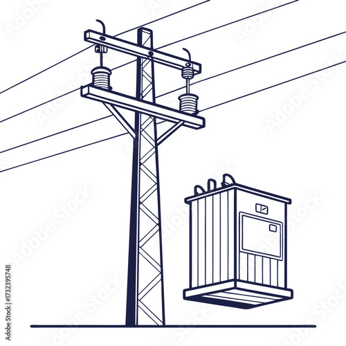 Simple line art illustration of an electrical transformer station with power lines and utility pole