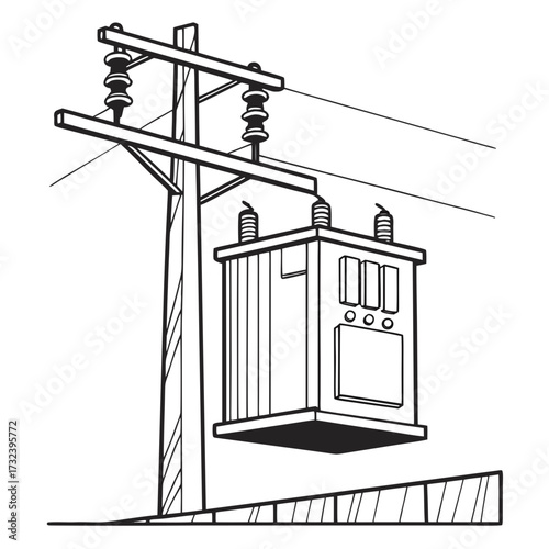 Simple line drawing illustration of a utility pole with a transformer and power lines against a white background