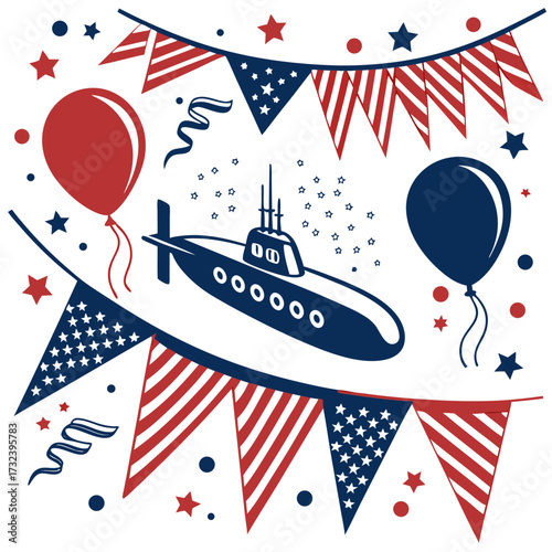 Patriotic submarine celebration with american flag bunting balloons and stars