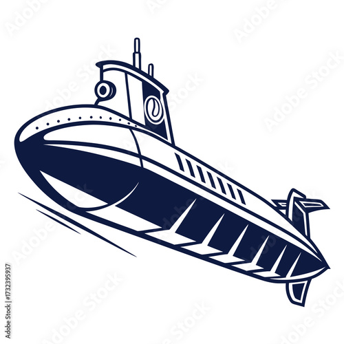 Stylized illustration of a dark blue submarine moving through water with speed lines on a white background