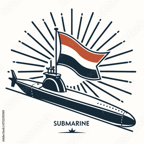 Stylized illustration of a dark blue submarine with a flag of yemen waving proudly above its conning tower
