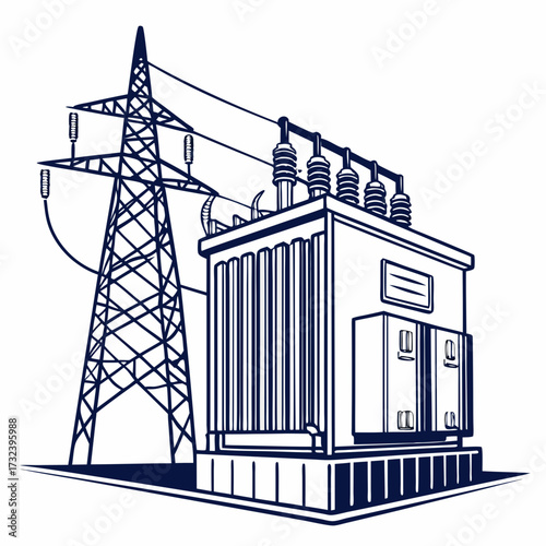 Stylized illustration of a large electrical power transformer connected to a high voltage transmission tower on a white background