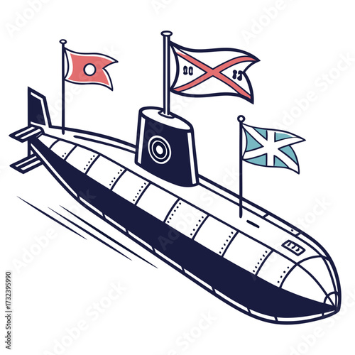 Stylized illustration of a dark blue submarine with three colorful flags flying from its conning tower and stern
