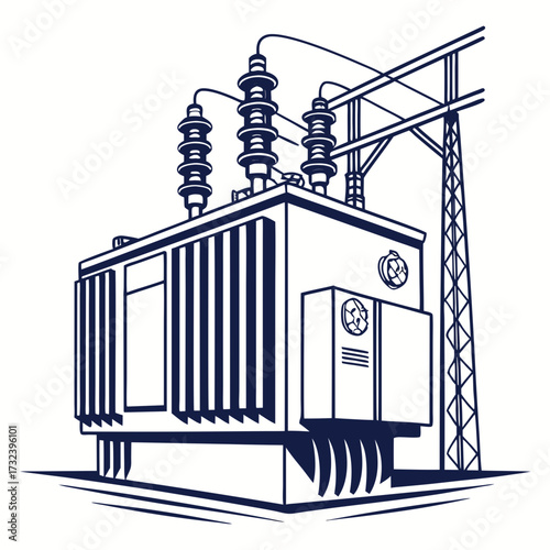 Stylized illustration of a large electrical power transformer with insulators and overhead power lines on a white background