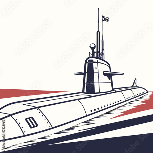 Stylized illustration of a powerful navy submarine sailing on the sea with a flag on its mast