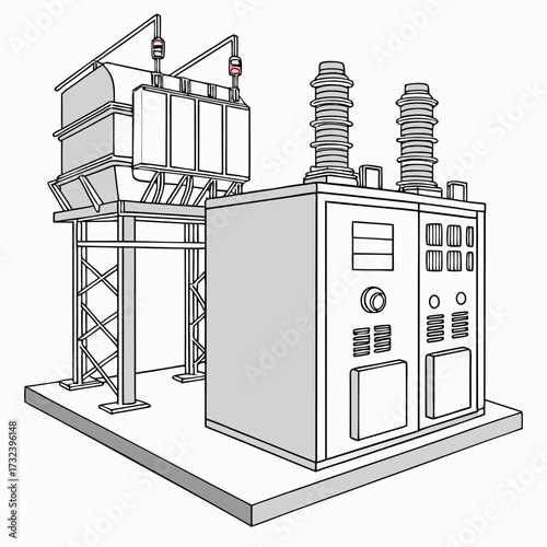 Stylized illustration of an electrical substation transformer and equipment with a white background and isometric perspective