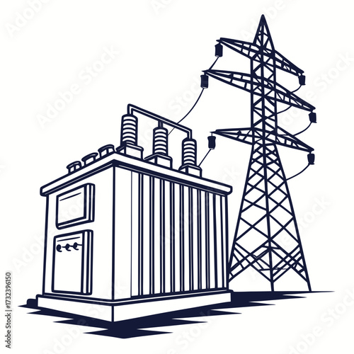Stylized illustration of an electrical substation transformer connected to a high voltage power transmission tower against a white background