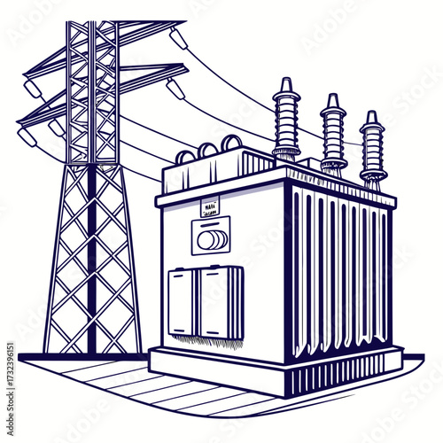 Stylized illustration of an electrical substation with a power line tower and a large transformer unit