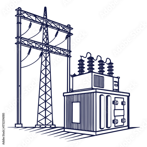 Stylized illustration of an electrical substation with a power line tower and transformer on a white background