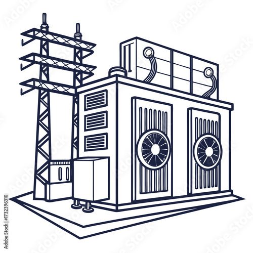 Stylized line art illustration of a modern electrical substation with cooling fans and power lines