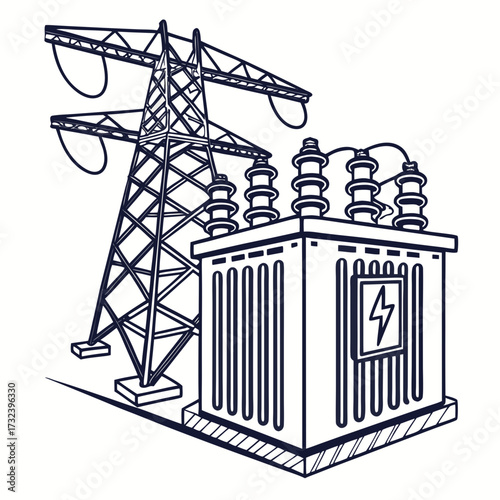 Stylized line art illustration of a large electrical transformer and a power line pylon against a white background