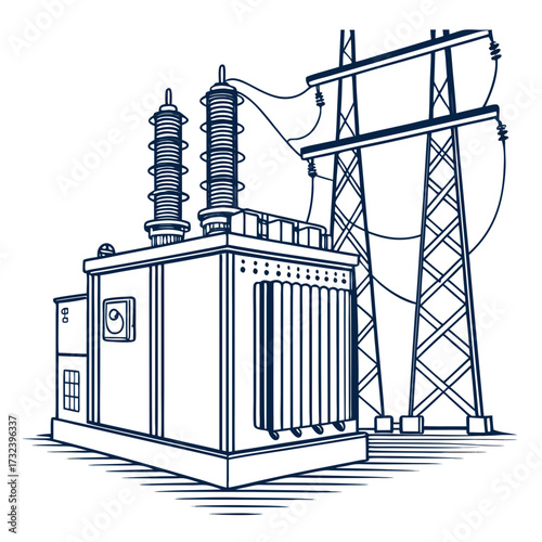 Stylized line art illustration of an electrical transformer station with power lines and transmission tower in a minimalist outline style