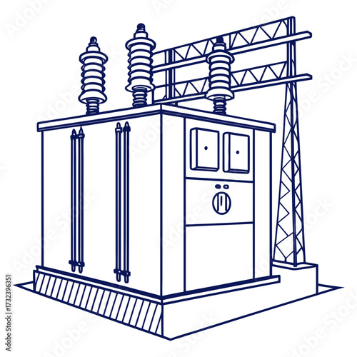 Stylized line art illustration of a large electrical power transformer with insulators and a support tower on a white background